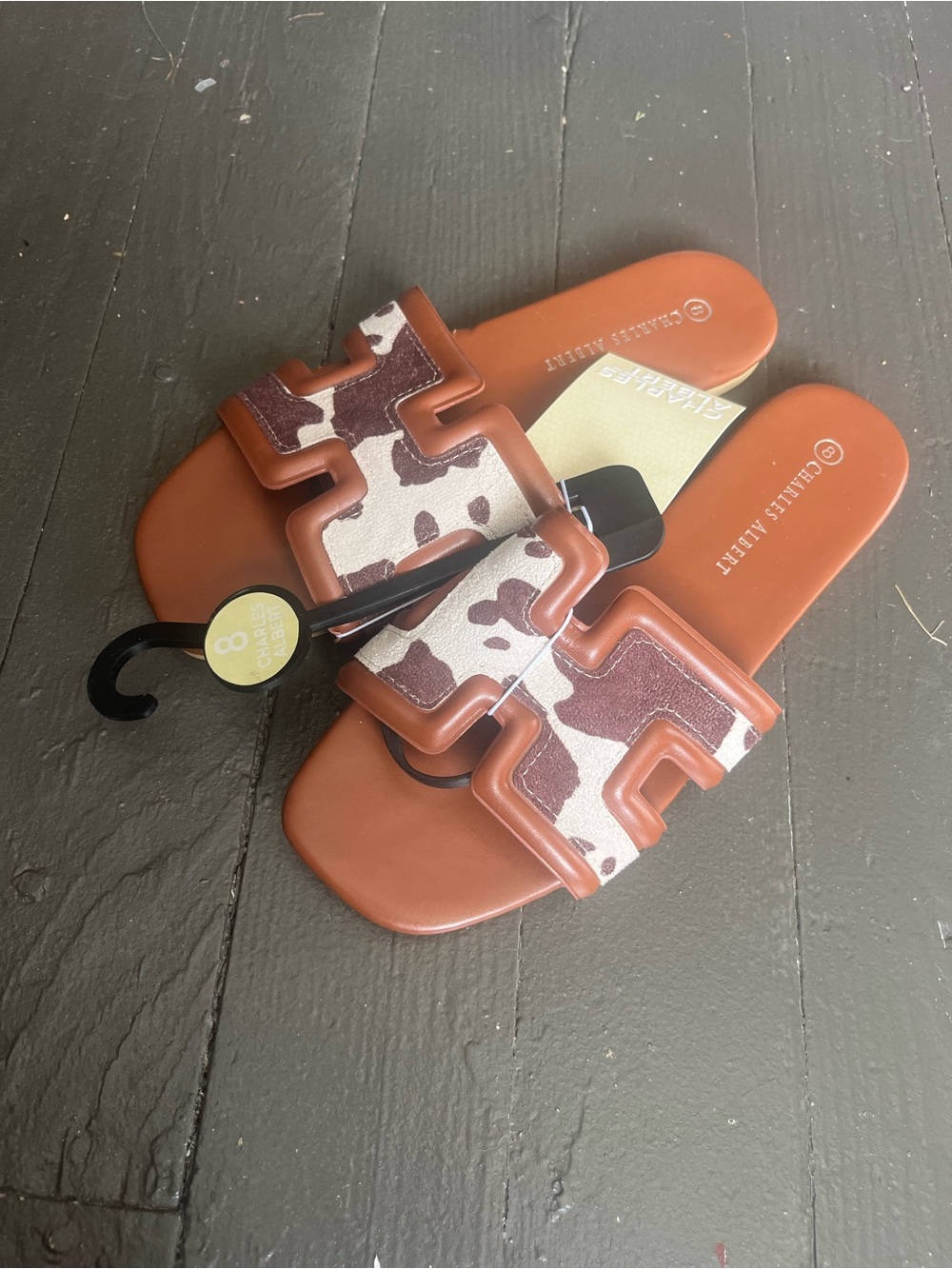 Charles Albert Tan Brown Leather Slide Sandals with Cowhide Print Strap